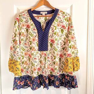 Coldwater Creek Floral Linen Cotton Shirred Trim Boho Tunic Top